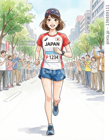 マラソン大会で走る若い美人ランナー 136889111