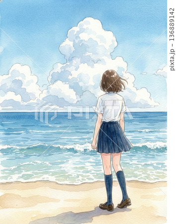 海を見つめる女子高生 水彩画風のイラスト素材 [136889142] - PIXTA