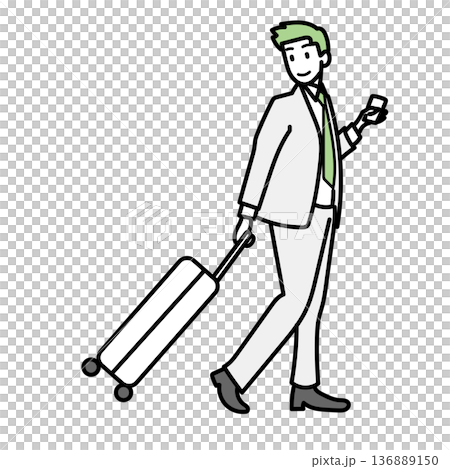 Stock Illustration: A businessman wearing a suit and pulling a carry case while operating a smartphone Stock Illustration: A businessman wearing a suit and pulling a carry case while operating a smartphone 136889150