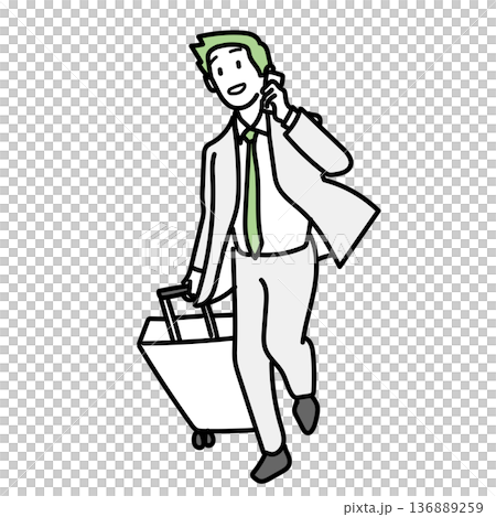 イラスト素材: スーツを着てキャリーケースを引きながら通話するビジネスマンの出張 136889259