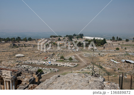 Explore the Ancient Ruins of Pamukkale With Its Breathtaking Landscape and Rich History During a Clear Sunny Day 136889872