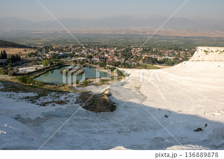 Breathtaking View of Pamukkales Terraces and Surrounding Landscape in Turkey During the Daylight Hours 136889878
