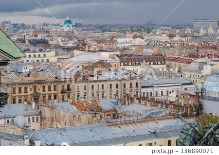 St. Petersburg Skyline Showcasing Historic Architecture and Rooftops Under a Cloudy Sky St. Petersburg Skyline Showcasing Historic Architecture and Rooftops Under a Cloudy Sky 136890071