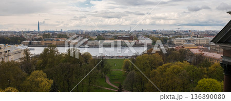 Picturesque View of St. Petersburg Showcasing Cityscape and Neva River on a Cloudy Day 136890080