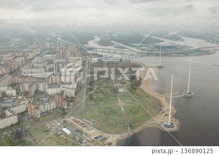 St. Petersburg Skyline View Showcasing Bridges, Parks, and a River Landscape During Cloudy Weather St. Petersburg Skyline View Showcasing Bridges, Parks, and a River Landscape During Cloudy Weather 136890125