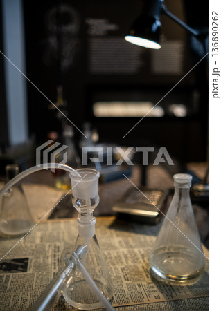 Laboratory Setup Displaying Glass Equipment and Apparatuses for Chemical Experiments During a Quiet Afternoon Laboratory Setup Displaying Glass Equipment and Apparatuses for Chemical Experiments During a Quiet Afternoon 136890262