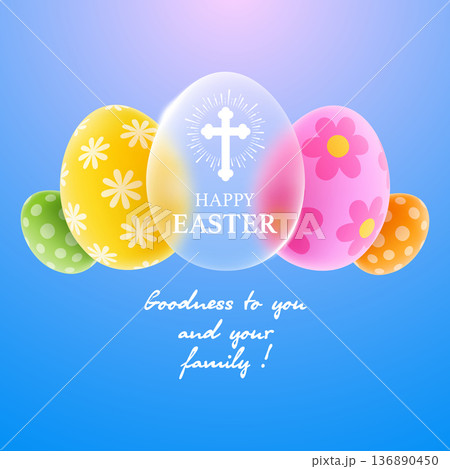 Happy Easter Greeting Banner or Card With Glassy Transparent Egg And Colorful Eggs Happy Easter Greeting Banner or Card With Glassy Transparent Egg And Colorful Eggs 136890450