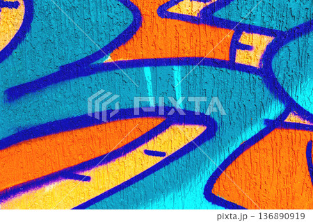 Urban Graffiti Abstract in Bright Orange, Yellow, Blue with Bold Purple Lines for 90s, Y2K Street Art Style 136890919