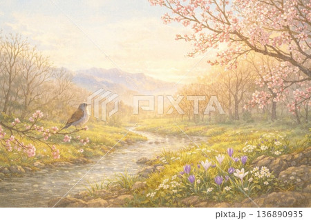 春の小川と桜の風景 136890935