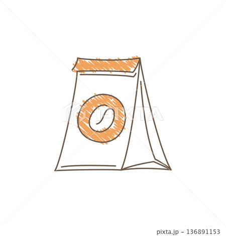 Hand Drawn Sketch Of A Coffee Bag With A Large Circular Logo And Bean Symbol Hand Drawn Sketch Of A Coffee Bag With A Large Circular Logo And Bean Symbol 136891153
