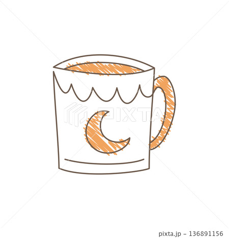Hand Drawn Sketch Of A Coffee Mug With Crescent Moon Design And Orange Accent 136891156