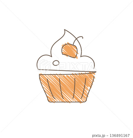 Hand Drawn Sketch Of A Cupcake With Fluffy Cream Topping And Orange Cherry Hand Drawn Sketch Of A Cupcake With Fluffy Cream Topping And Orange Cherry 136891167