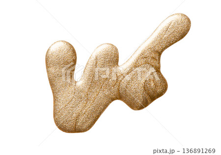 A sample of gold nail polish with a shimmer and metallic effect. Isolated on a white background. 136891269