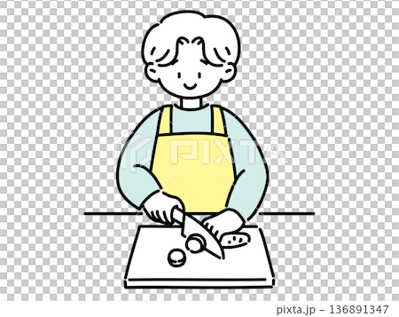 一名男子正在用刀切菜。 136891347