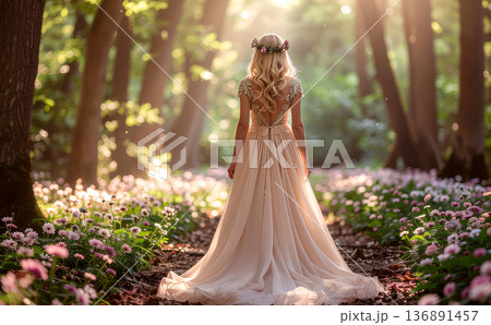 花々が咲く明るい森を歩く少女 136891457