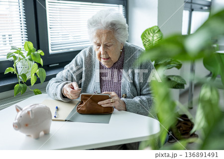 Senior woman facing financial insecurity. 136891491