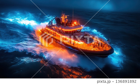 Illuminated rescue boat speeding through ocean waves 136891892