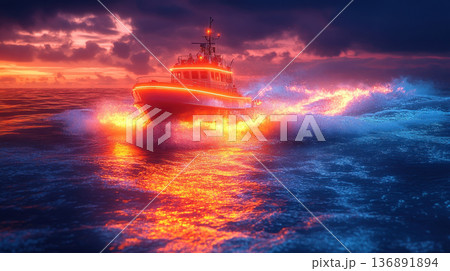 Illuminated rescue boat speeding through ocean waves Illuminated rescue boat speeding through ocean waves 136891894