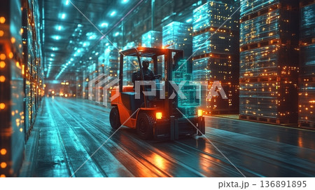 Futuristic forklift operating in high-tech warehouse Futuristic forklift operating in high-tech warehouse 136891895