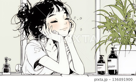 洗面所で朝の洗顔をする女性（シンプルな色使い）