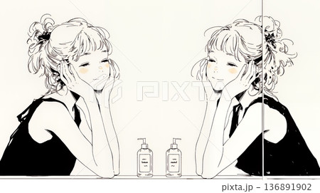 洗面所で朝の洗顔をする女性（シンプルな色使い）