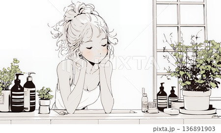 洗面所で朝の洗顔をする女性（シンプルな色使い）