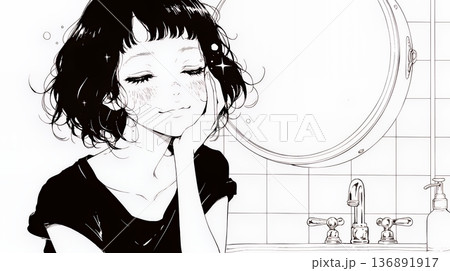 洗面所で朝の洗顔をする女性（シンプルな色使い）