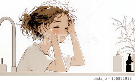 洗面所で朝の洗顔をする女性（シンプルな色使い）