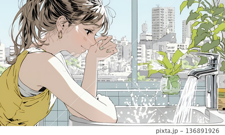 洗面所で朝の洗顔をする女性