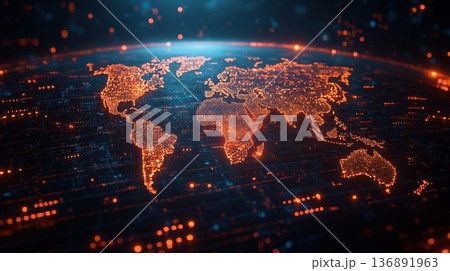 Glowing digital world map with futuristic connections Glowing digital world map with futuristic connections 136891963