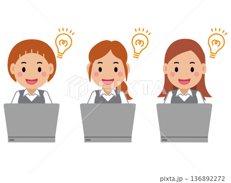 ひらめき顔でパソコンを操作するグレー事務服の若い女性。その2 136892272