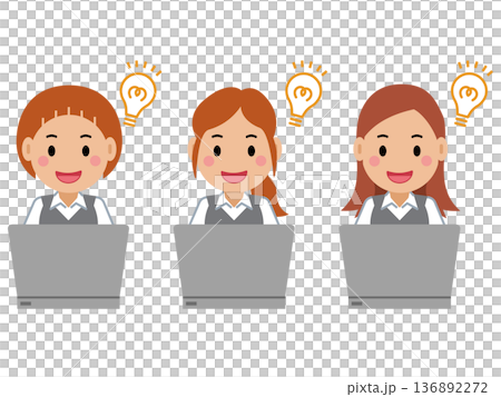 ひらめき顔でパソコンを操作するグレー事務服の若い女性。その2 136892272