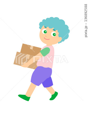 引っ越しで荷物を運んでいる男の子 136892588