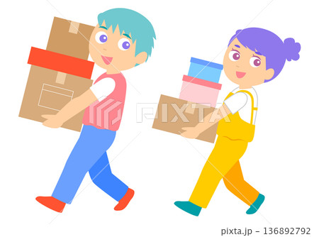 引っ越し荷物を運ぶカップルのイラスト 引っ越し荷物を運ぶカップルのイラスト 136892792