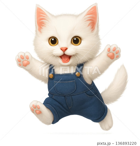 青いオーバーオールの白い子猫キャラクター 136893220