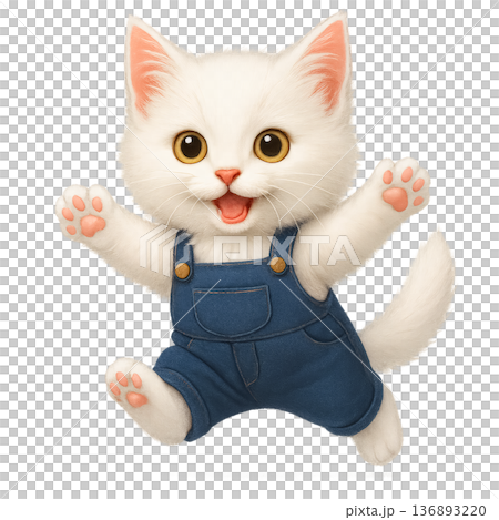 青いオーバーオールの白い子猫キャラクター 136893220