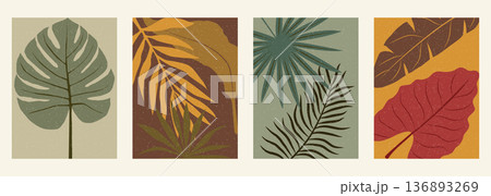 Set of four abstract tropical leaves in various colors on textured backgrounds 136893269