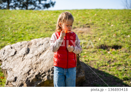 Little girl sitting on decorative stones blowing soap bubbles in city park. Spring childhood leisure and joyful outdoor play. 136893418