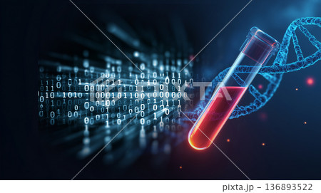 バイナリコードとDNAらせんのデータ解析イメージ｜ゲノム×AI医療テクノロジー（デジタル解析寄り） 136893522