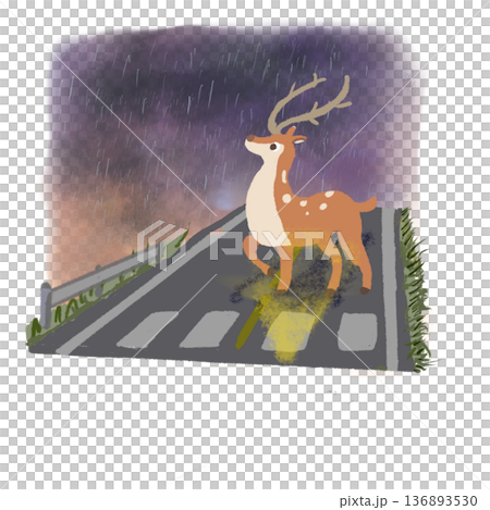 A deer looking up at the sky on a rainy mountain road - Road safety/Caution: Pedestrians running out into the distance illustration A deer looking up at the sky on a rainy mountain road - Road safety/Caution: Pedestrians running out into the distance illustration 136893530