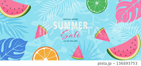 Summer Sale banner with watermelon slices citrus fruits and tropical leaves on blue background 136893753