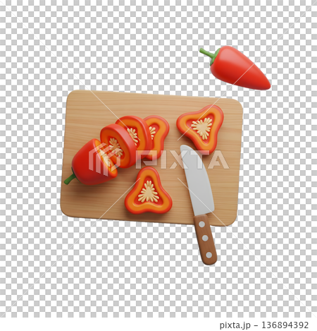 3D Render of a Sliced Red Bell Pepper with Kitchen Knife and Visible Seeds 136894392