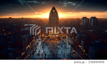 City Square at Sunset with Towering Landmark City Square at Sunset with Towering Landmark 136894940