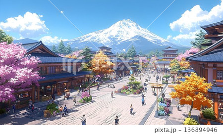 Anime-style Japanese Townscape with Mount Fuji, Cherry Blossoms, 136894946