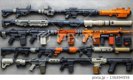 Array of Futuristic Rifles: Varied Colors, Textures, and Tactica 136894956