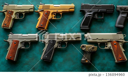 Collection of Pistols with Varied Finishes and Grips on Teal Tex 136894960