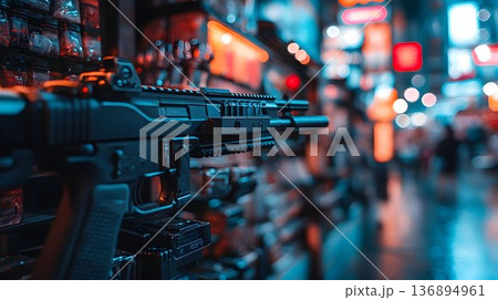 Detailed Close-Up of an Assault Rifle in a Neon-Lit City 136894961