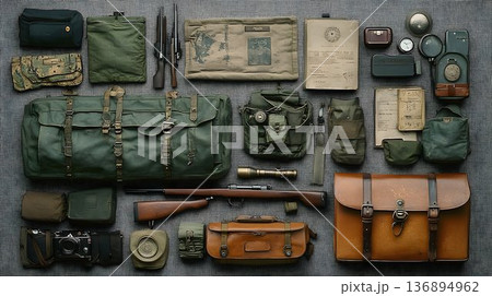 Vintage Military Gear Displayed, Including Rifles, Bags, and Doc 136894962