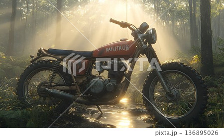 Abandoned Motorcycle in Sunlit Forest Clearing, Vintage Style wi 136895026