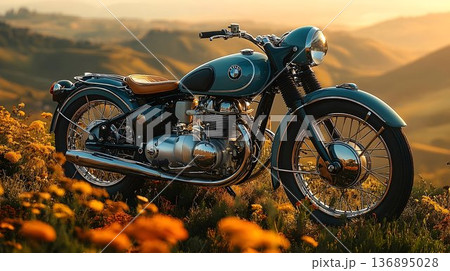 Classic Teal Motorcycle Parked in a Field of Yellow Flowers at S 136895028